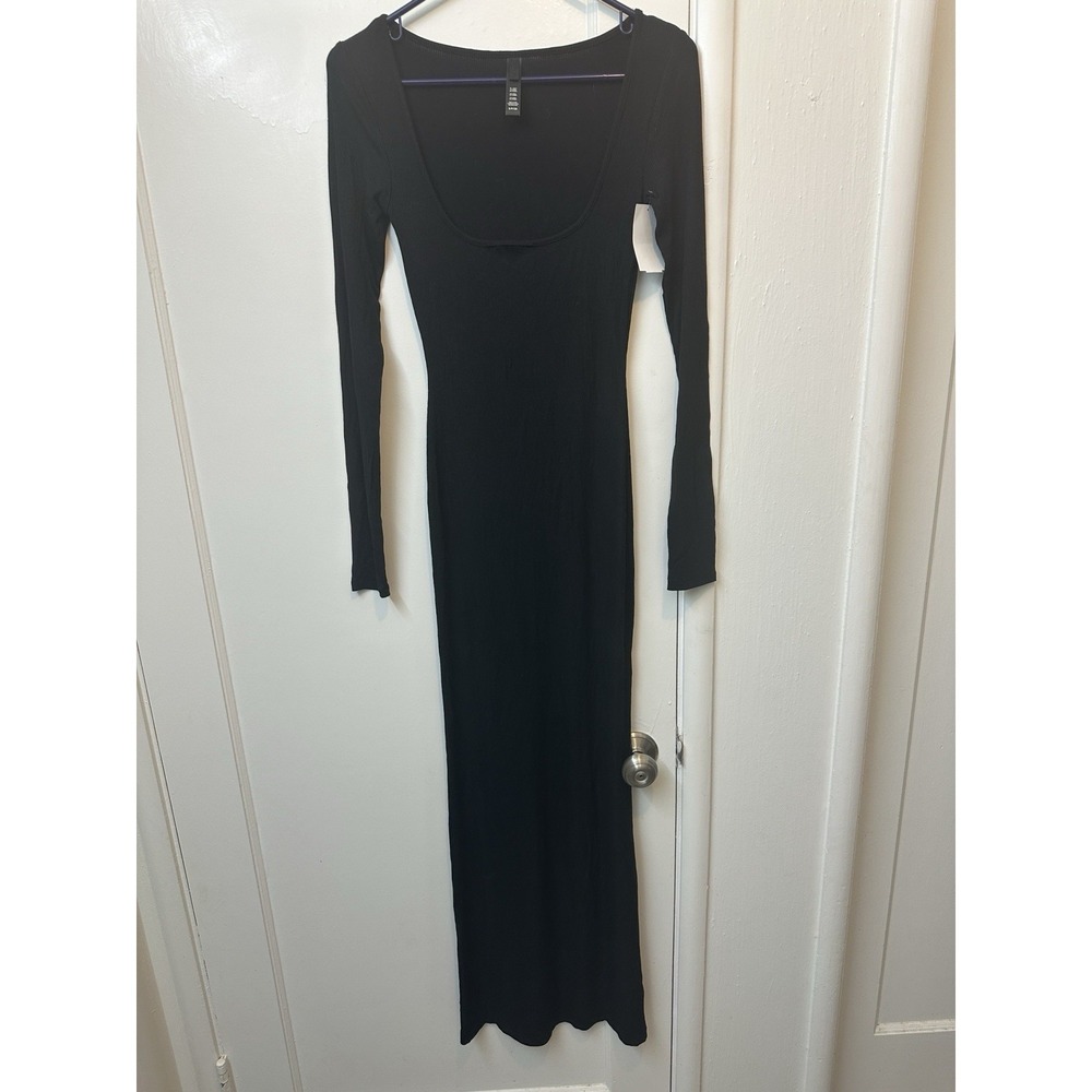 Skims Maxi Dress Size Small Black Soft Lounge Ribbed‎ Slip Stretch Long Sleeve